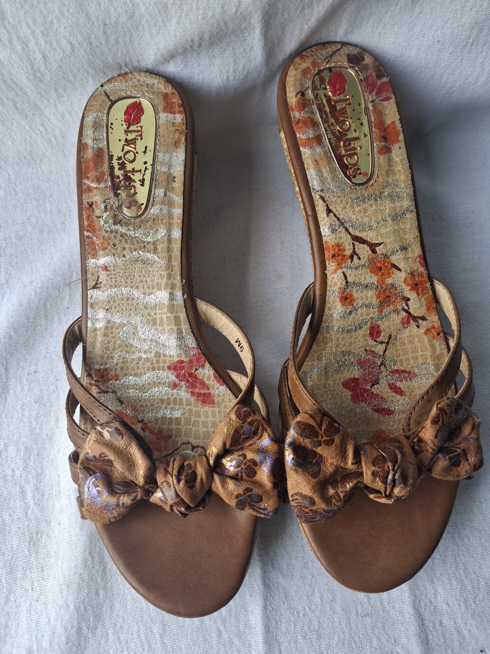 Two Lips Brown Floral Bow Slide Wedge Mules